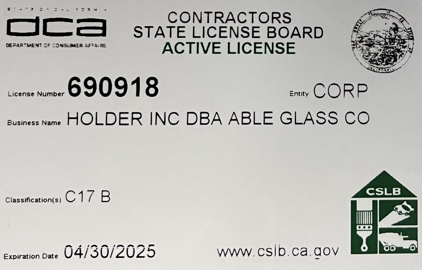 CONTRACTORS STATE LICENSE BOARD ACTIVE LICENSE